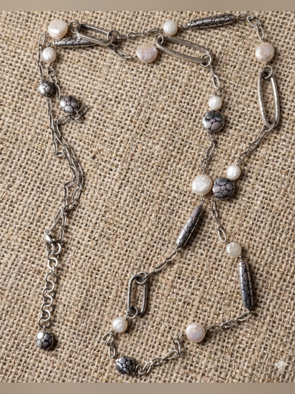 Brighton PEBBLE PEARL Silver Oval Barrel Links Long Necklace, NWOT 2496 - Picture 2 of 2
